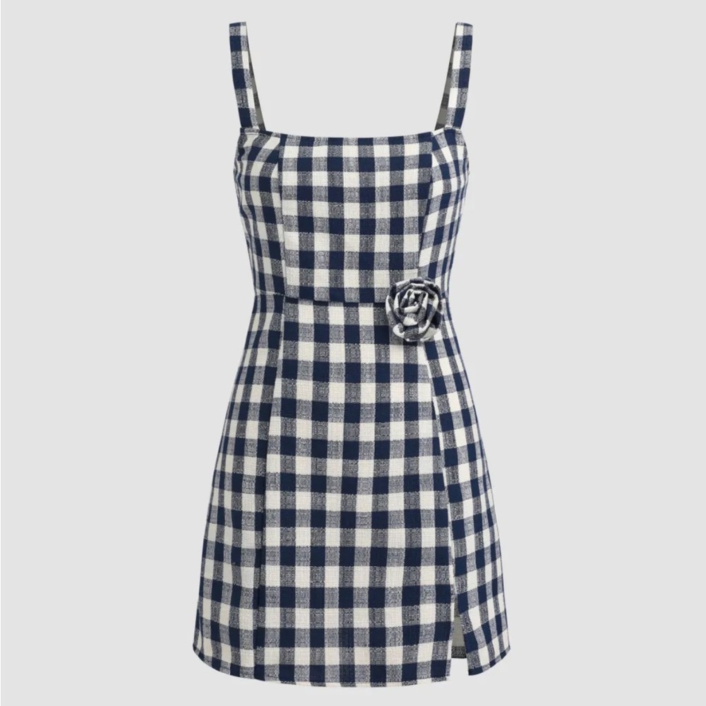 SQUARE NECK ROSETTE CHECK SPLIT MINI DRESS